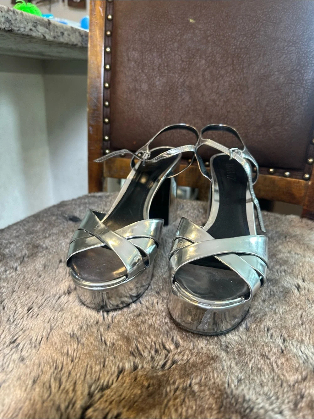SCHUTZ KEEFA Heels Metallic Silver Disco Strappy Size 10B